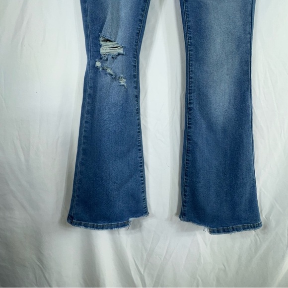 Women’s Distressed Light Wash High Rise Flare Leg Stretch Denim Jeans - Picture 3 of 7